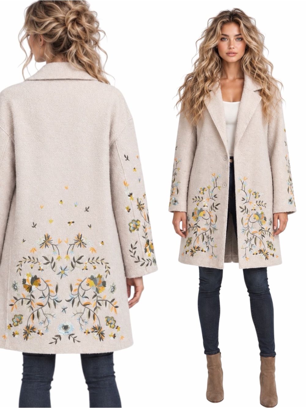 Driftwood – Floral Embroidered Wool-Blend Long Coat – Cream – Sz. L